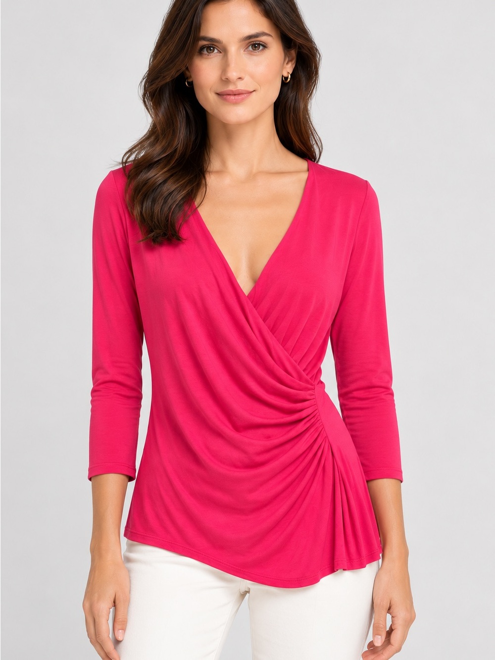 Max Mara (Made in Italy) Fuchsia Pink wrap style Ruched three quarter sleeve top
